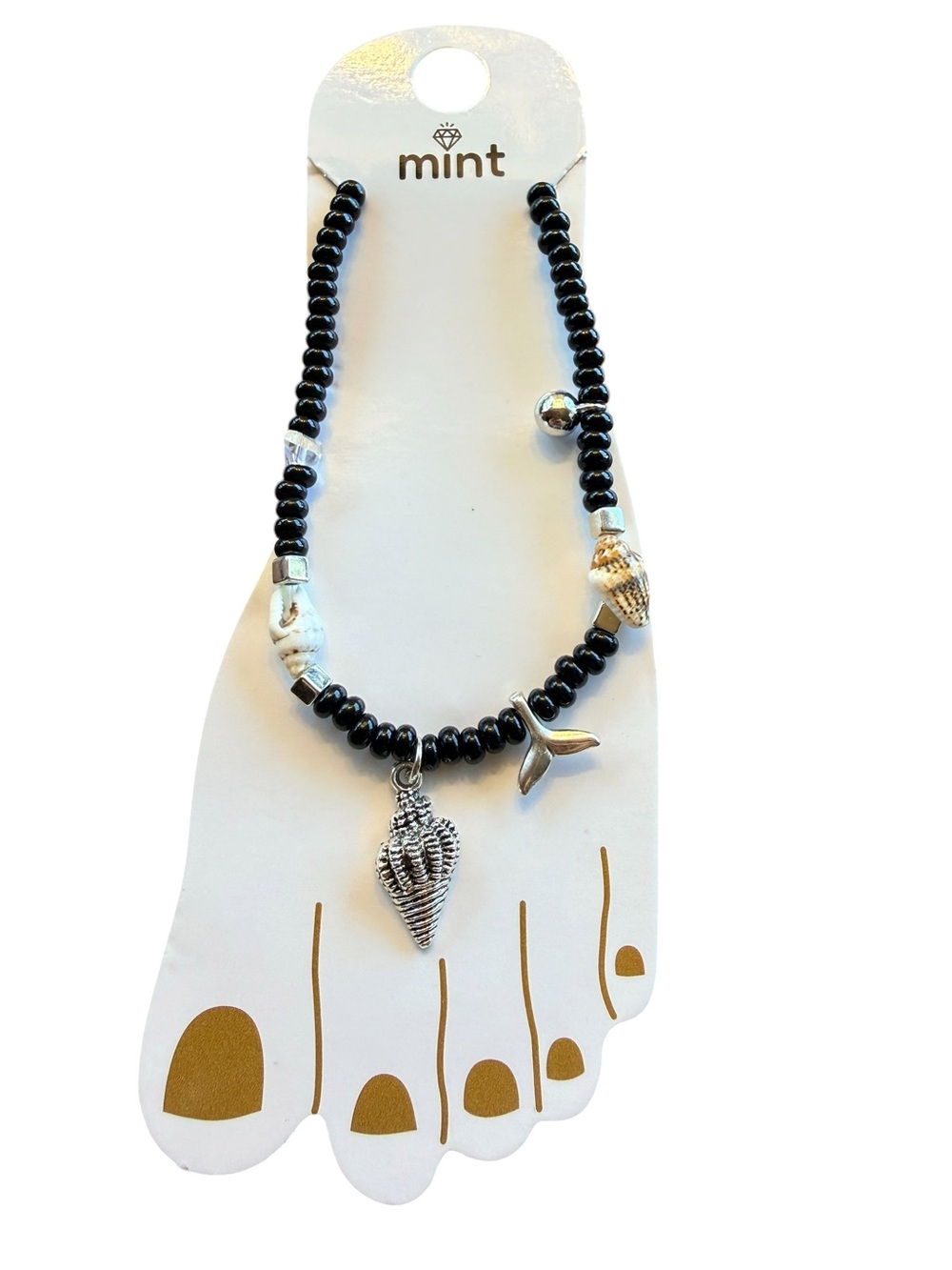 Mint Black Beaded Anklet with Silver Shell Charms